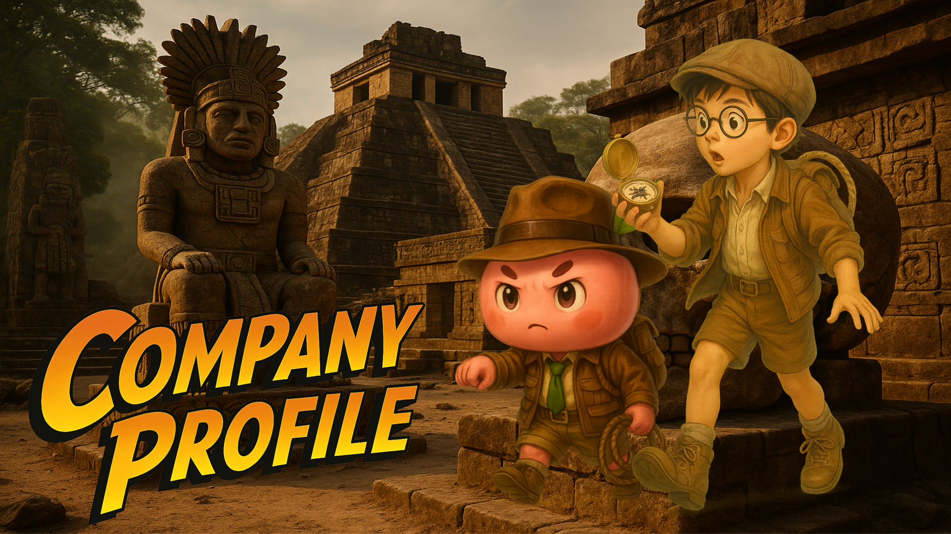 フォーチュンは合同会社の会社概要イメージ。探検家の少年とマスコットが遺跡を進む冒険風ビジュアル